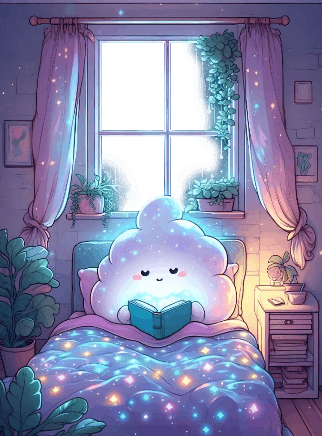 Comfy Cloud for e-reader wallpaper featuring cloud character and reading and more
