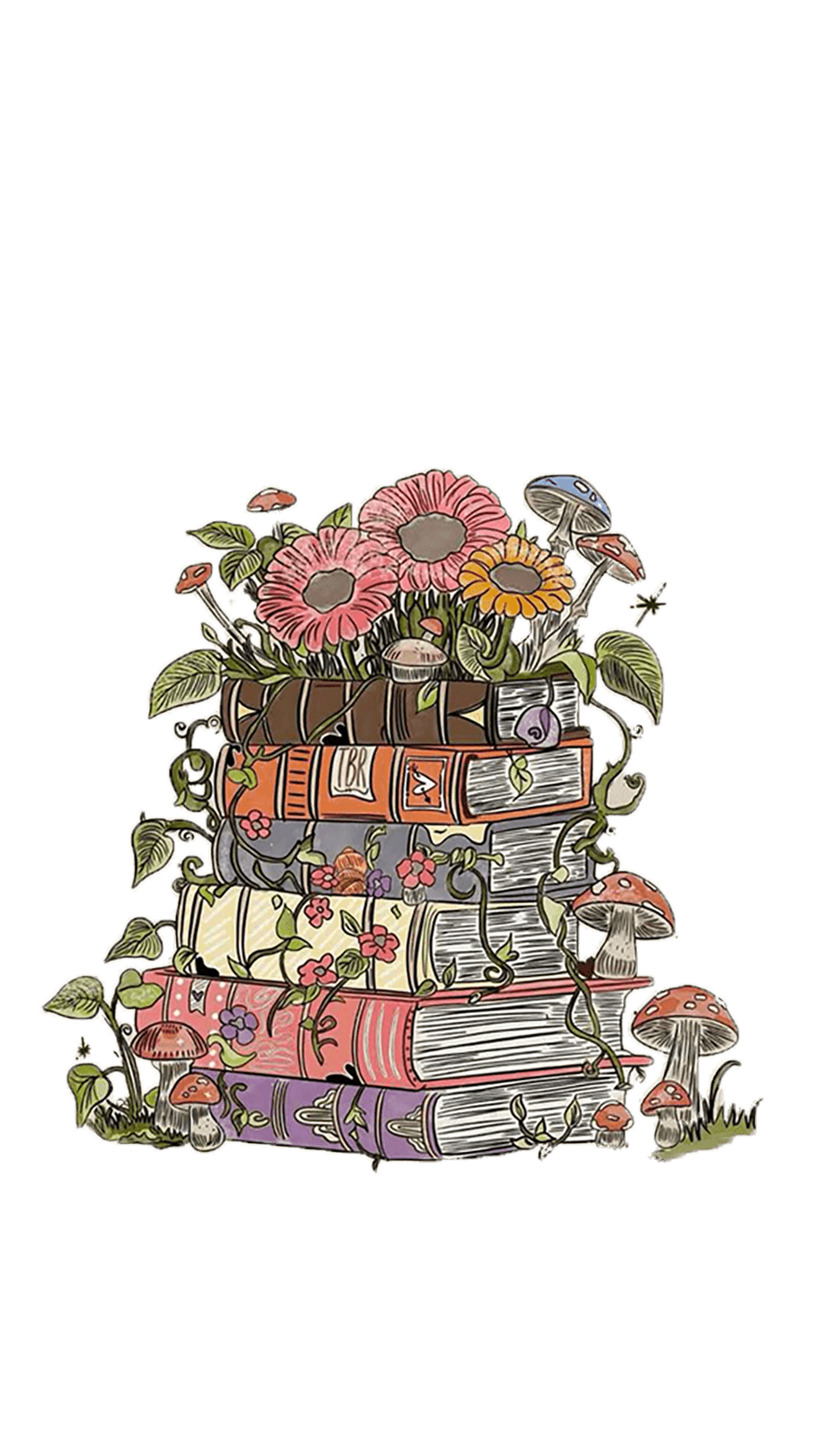 Overgrown Books for e-reader wallpaper featuring books and flowers and more