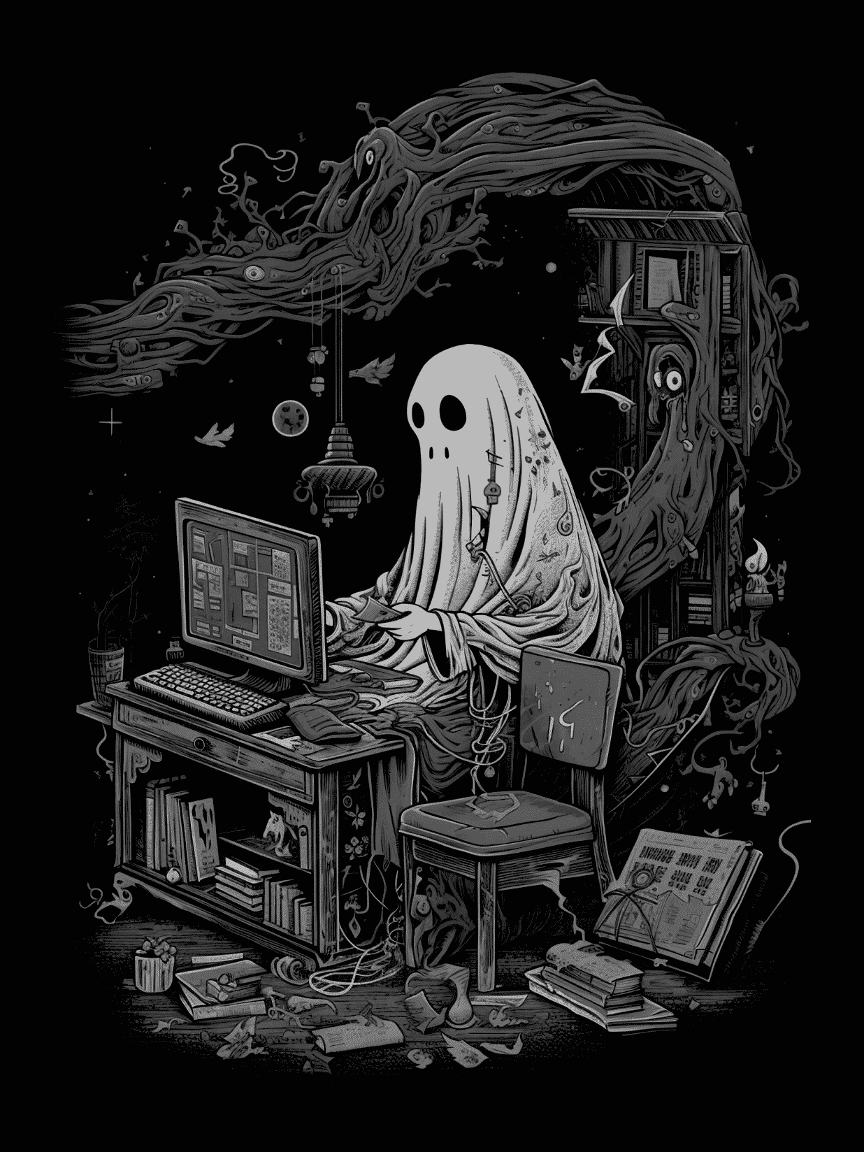 Ghost at Computer for e-reader wallpaper featuring ghost and computer and more