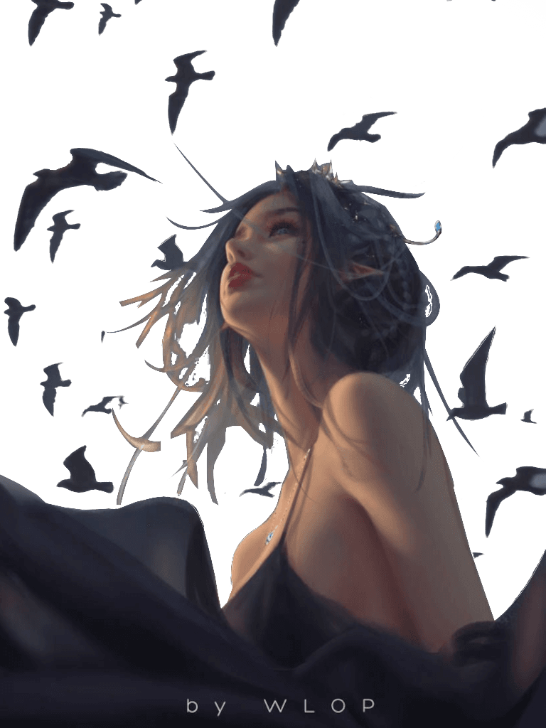 WLOP Crows for Kobo Clara wallpaper featuring woman and fantasy and more