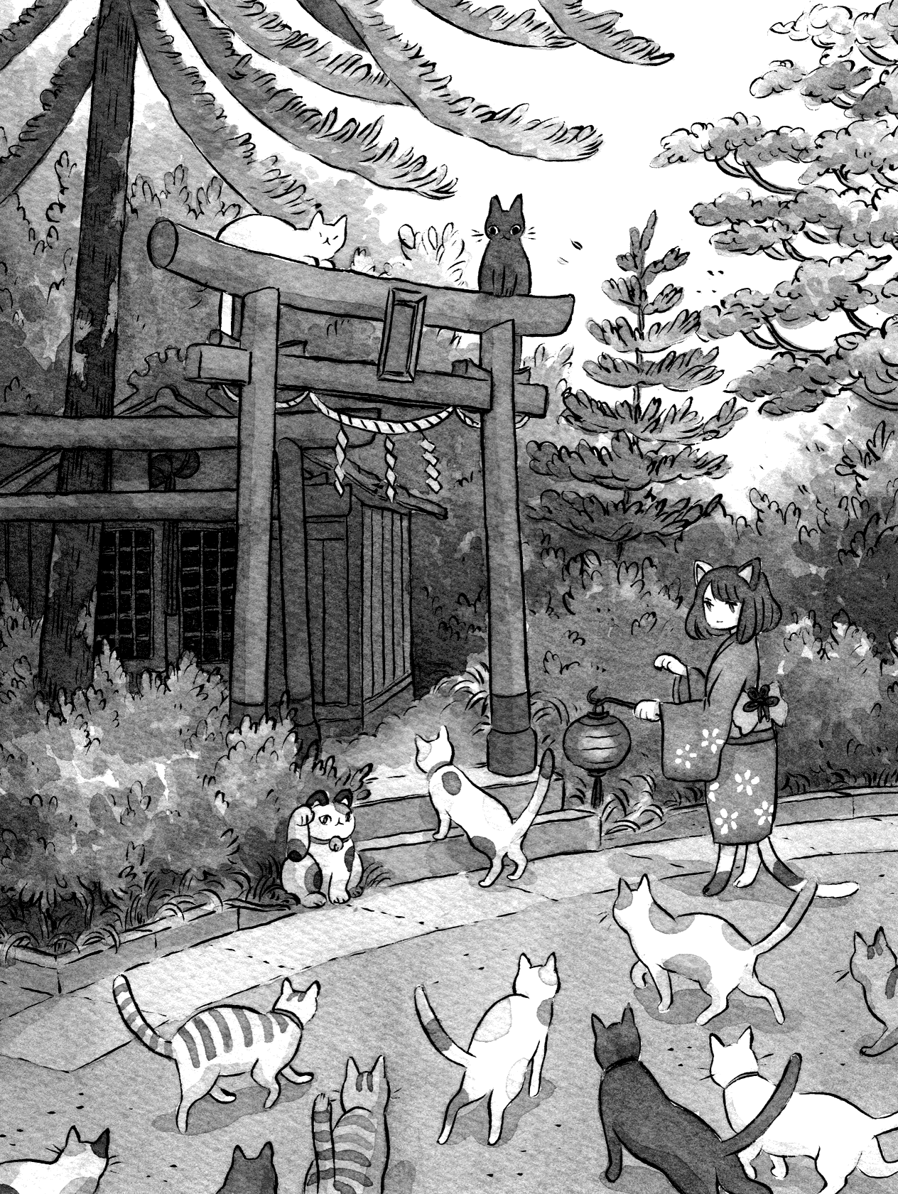 Gathering for Kindle Paperwhite e-reader wallpaper or screensaver featuring girl and cat and more