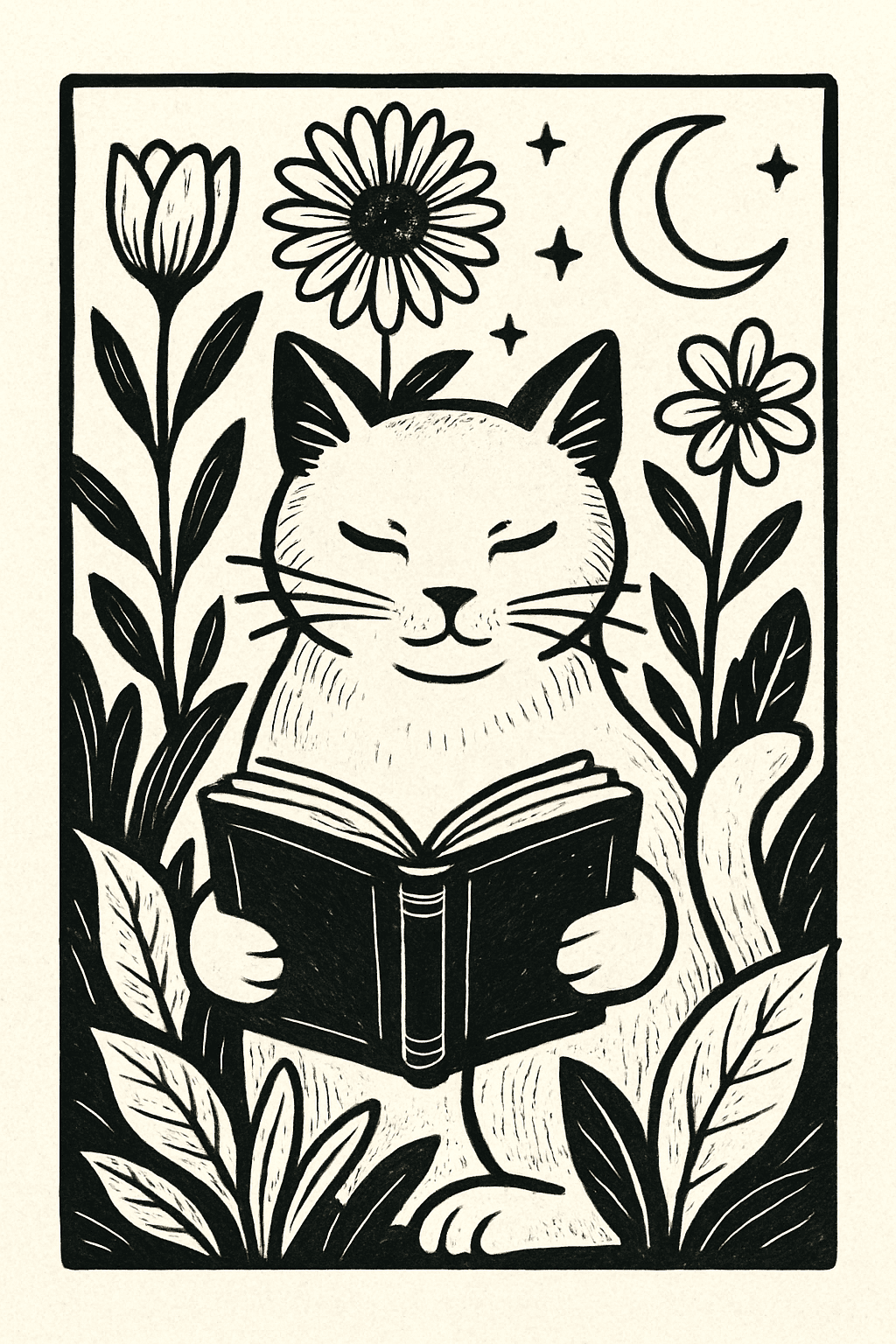 Cat reading a book at night for Other wallpaper featuring cat and black and white and more